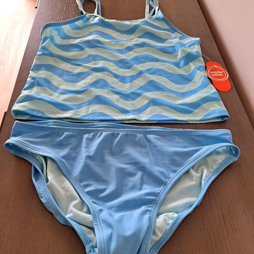 NWT Girls Tankini Blue Stripe Print Top & Mid-Rise Bottoms UPF 50+ XXL